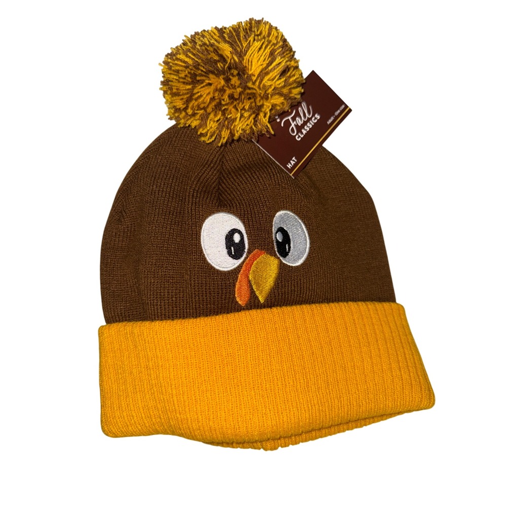 Turkey Beanie Brown Gold Knit Pom Hat Adult OS NWT Unisex